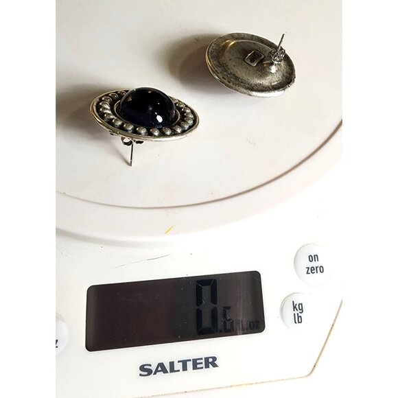 GORGEOUS Vintage Silver Ocean Blue Cabochon Signed Clip-On Earrings Beaded Trim - Picture 6 of 6